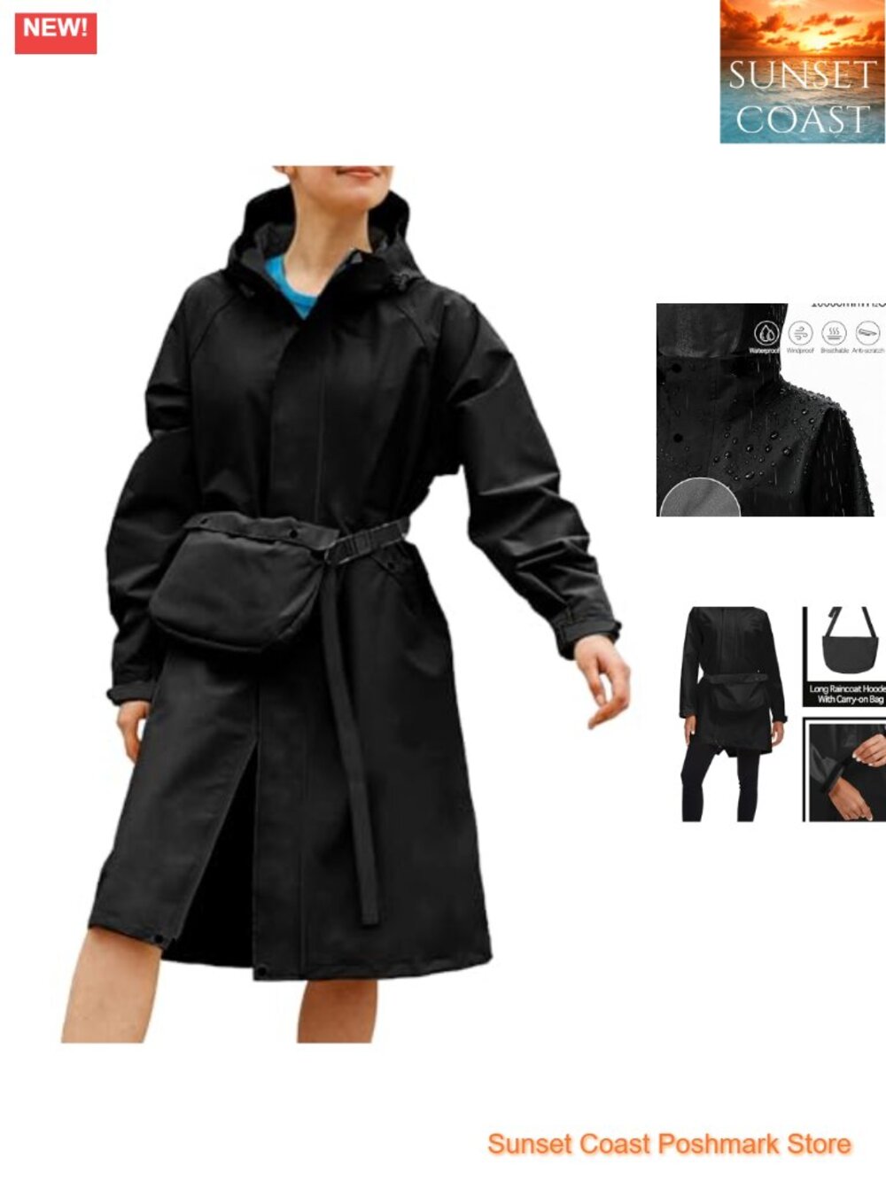 Women's Waterproof Rain Jacket Hooded Convertible Trench Coat with Bag